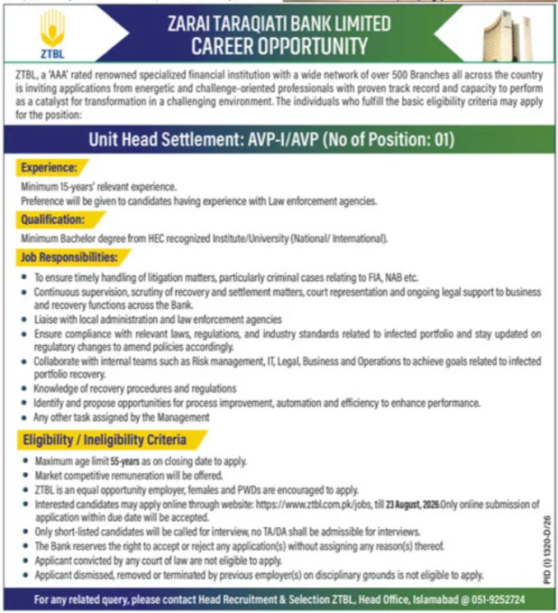 ZTBL Jobs 2026 Unit Head Settlement AVP-I AVP – Jobs in Islamabad