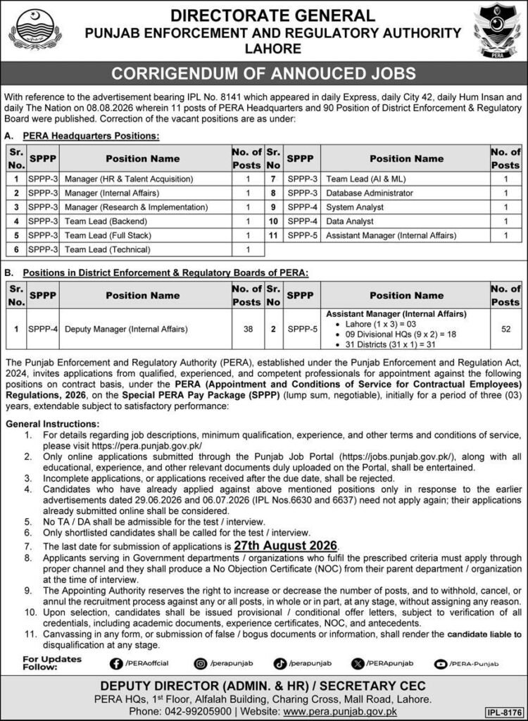 PERA jobs in Lahore 2026 corrigendum advertisement