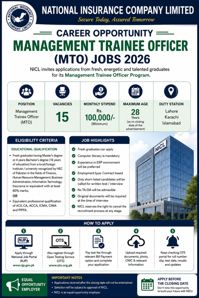 NICL Jobs 2026 Management Trainee Officer jobs in Lahore advertisement
