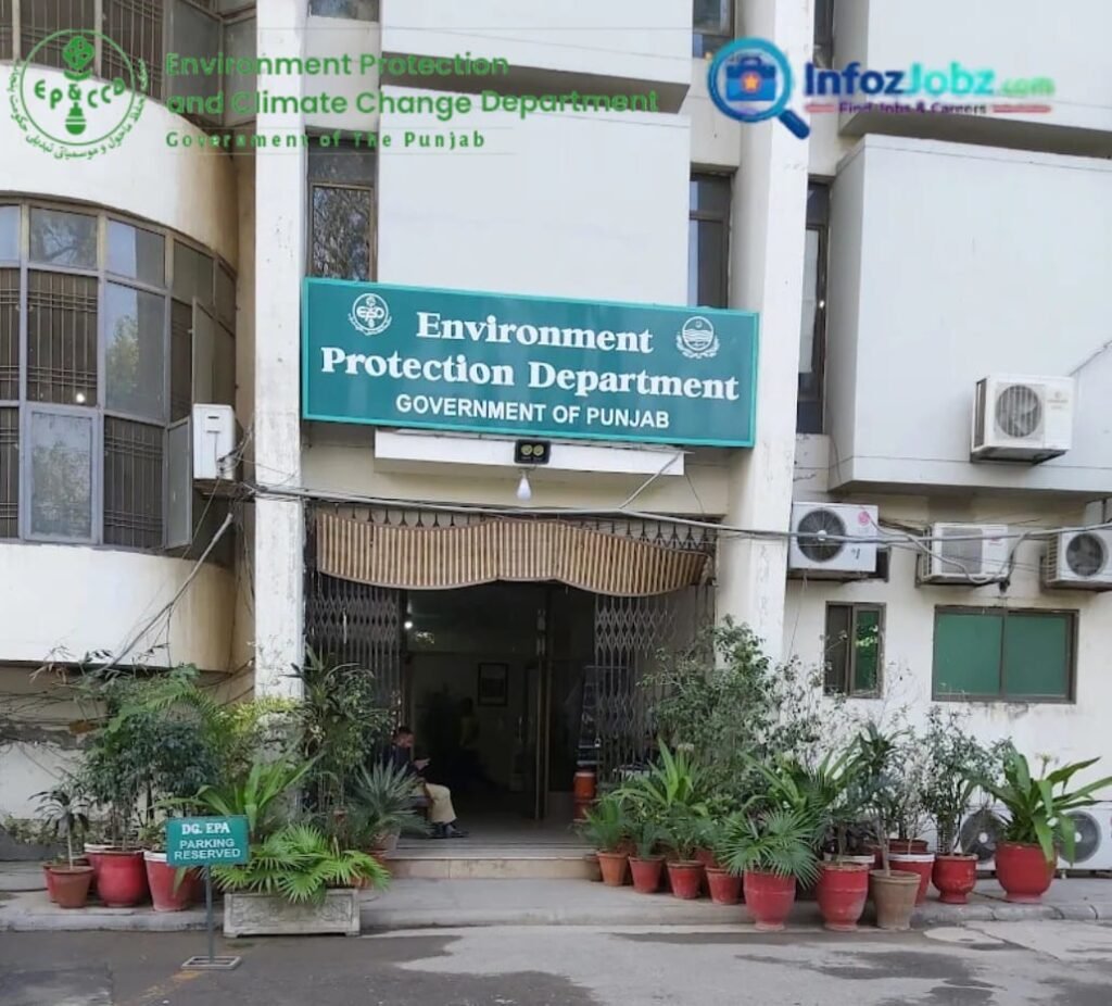Jobs in Lahore in EPCCD .EP&CCD Lahore Air Improvement Framework (LAIF) Jobs 2026 advertisement showing 16 temporary project-based vacancies in Lahore, Punjab, including Project Manager, Research Analyst, Software Engineer, Research Officer, MIS Officer, Technical Coordinator, Field Supervisor, Data Analyst/QA Officer, and Admin/Accounts Assistant. Punjab domicile required. Apply online through the Punjab Job Portal by 6 September 2026. Project duration is until June 2029.