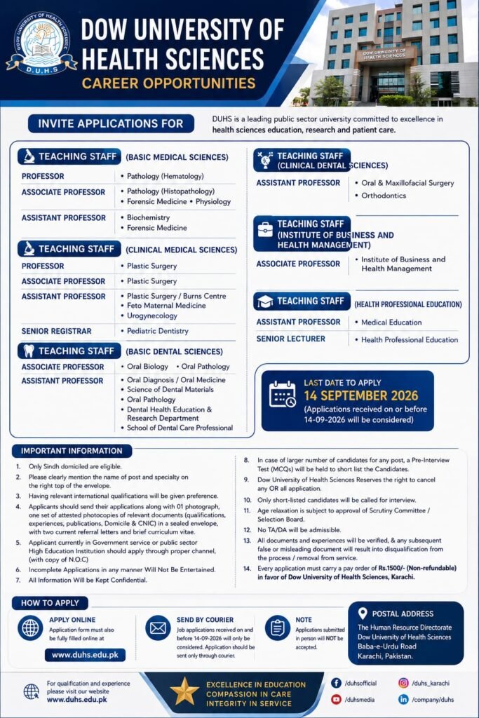 Jobs in Karachi – Dow University of Health Sciences (DUHS) announces career opportunities in medical, dental, education, and administrative fields. Apply by 14 September 2026.