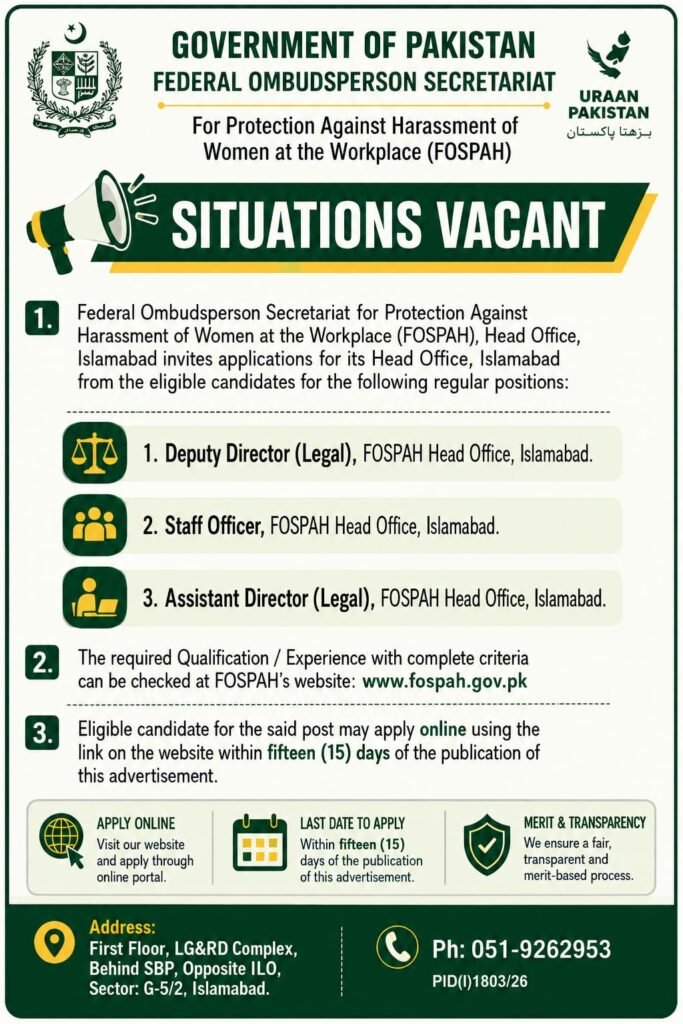 Jobs in Islamabad 2026 – FOSPAH Deputy Director Legal, Staff Officer and Assistant Director Legal vacancies advertisement