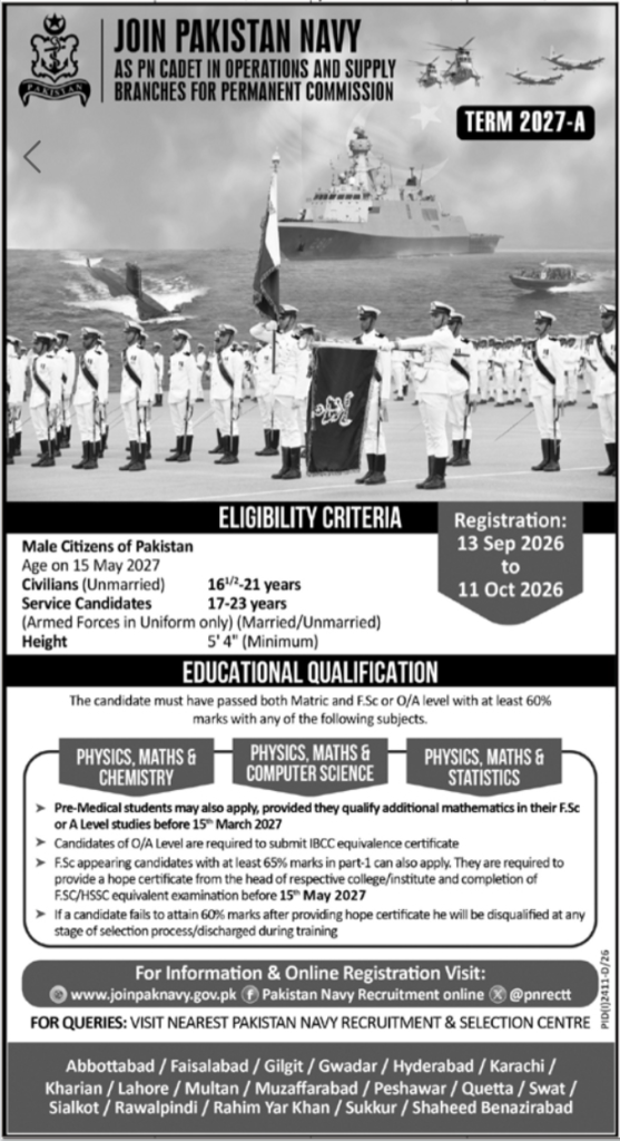 Jobs in Islamabad – Pakistan Navy PN Cadet Term 2027-A Advertisement 2026