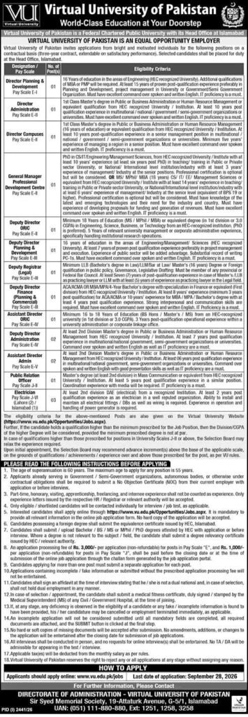 Jobs in Islamabad 2026 Virtual University of Pakistan Latest Jobs Advertisement