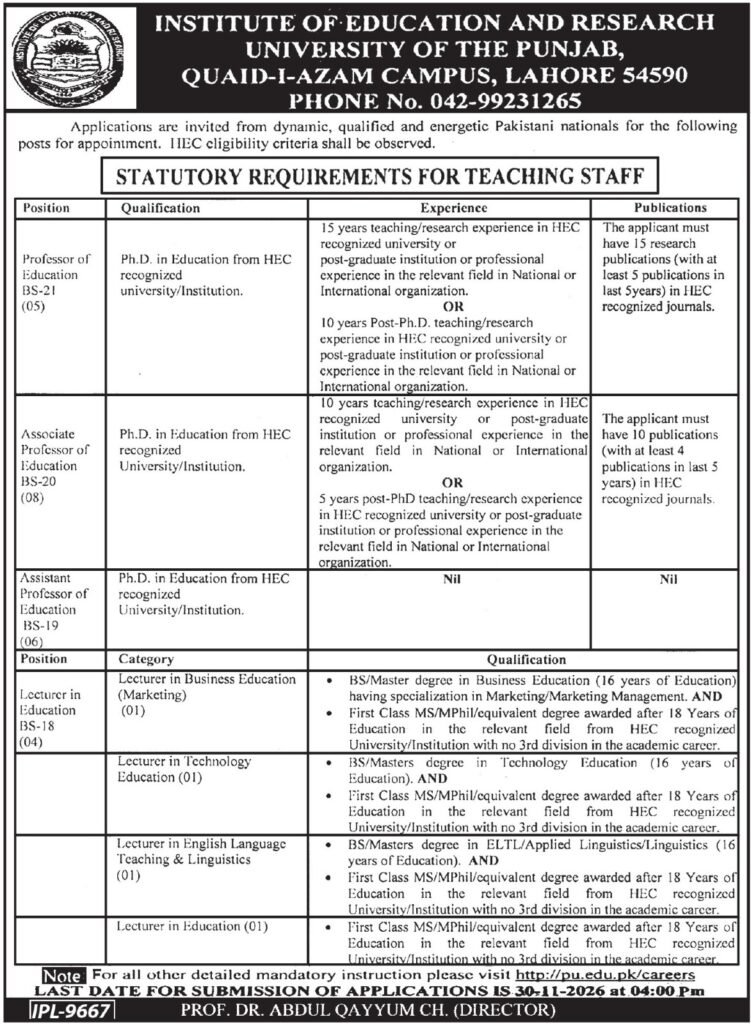 University of the Punjab Lahore teaching jobs 2026 advertisement jobs in Lahore for Professor, Associate Professor, Assistant Professor and Lecturer positions.