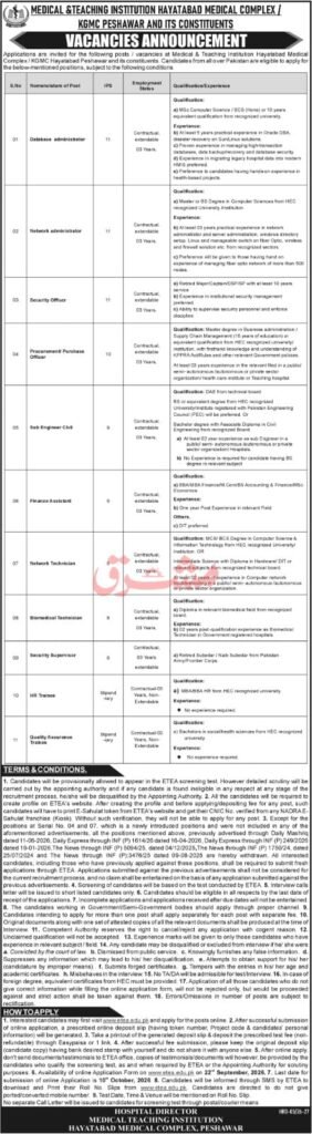 Jobs in Peshawar 2026 MTI Hayatabad Medical Complex and KGMC Peshawar Advertisement