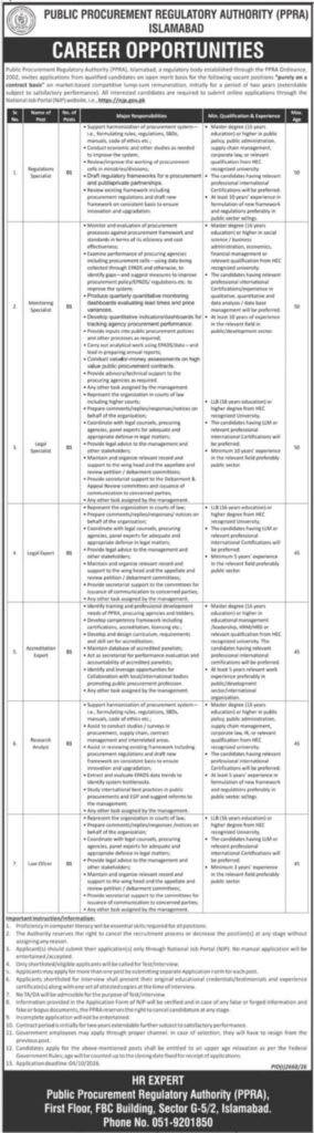 PPRA Jobs in Islamabad 2026 Career Opportunities Advertisement for Specialist Legal and Research Positions