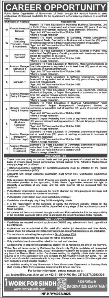 Jobs in Karachi 2026 advertisement for Public Sector Organization vacancies through IBA Karachi.