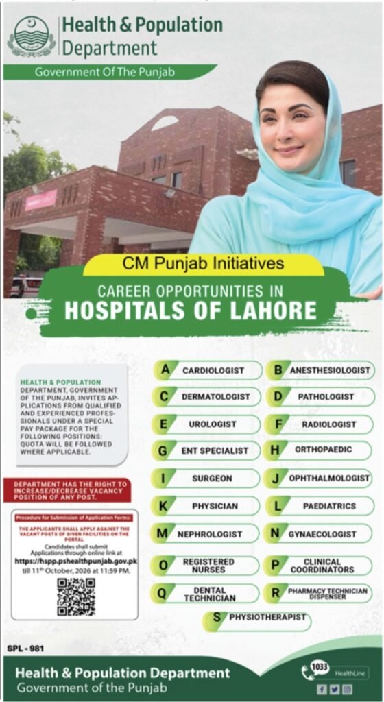 Health & Population Department Government of Punjab jobs in Lahore 2026 for doctors nurses and healthcare professionals