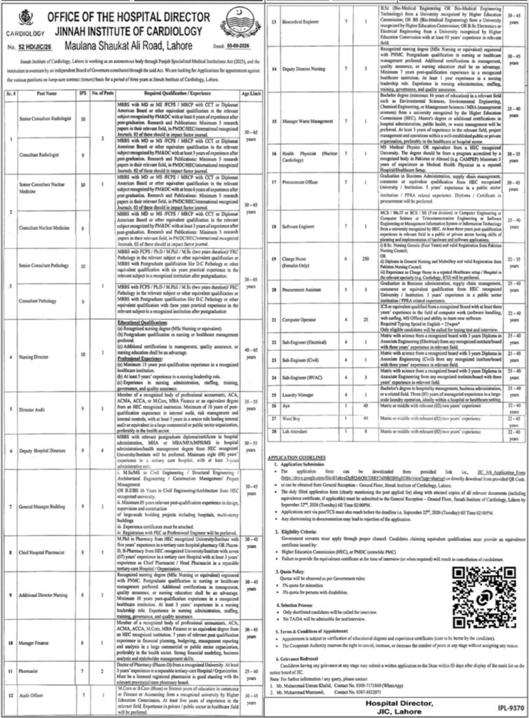 Jinnah Institute of Cardiology Jobs in Lahore 2026 advertisement – latest vacancies and application details
